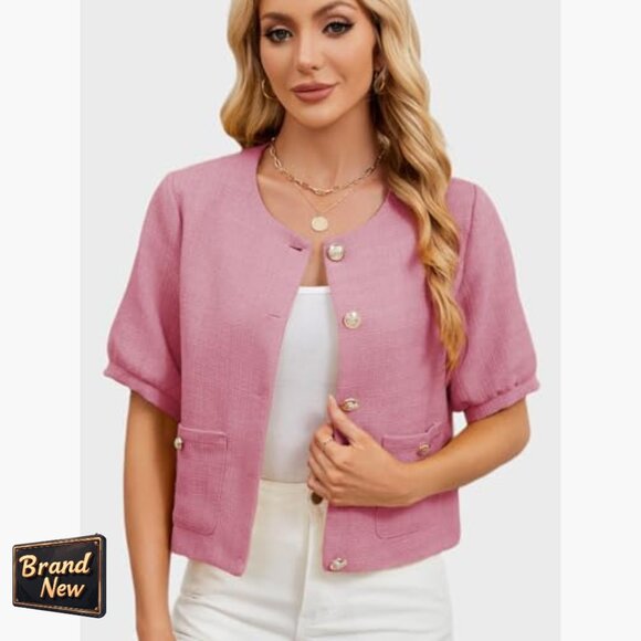 Cropped Tweed Blazer with Puff Sleeves for Office Work Slim Fit - Picture 3 of 7